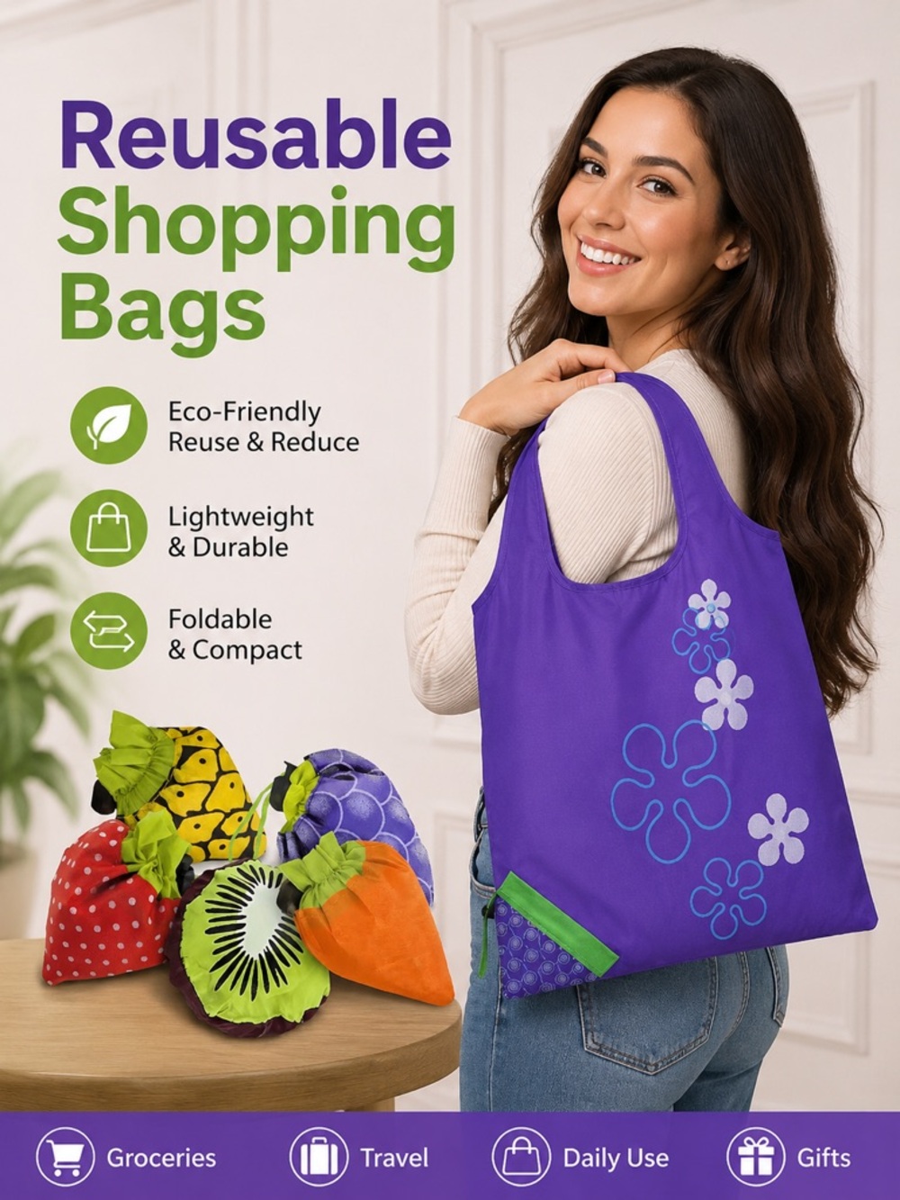 Orange Foldable Fruit Reusable Shopping Tote Bag with Carrying Pouch